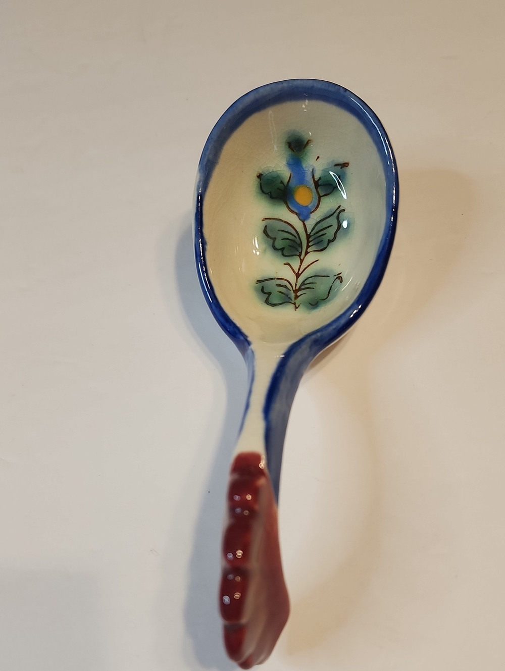 NASCO Japan Hand-Painted Floral Ceramic Spoon in Blue, Rooster Themed Handle